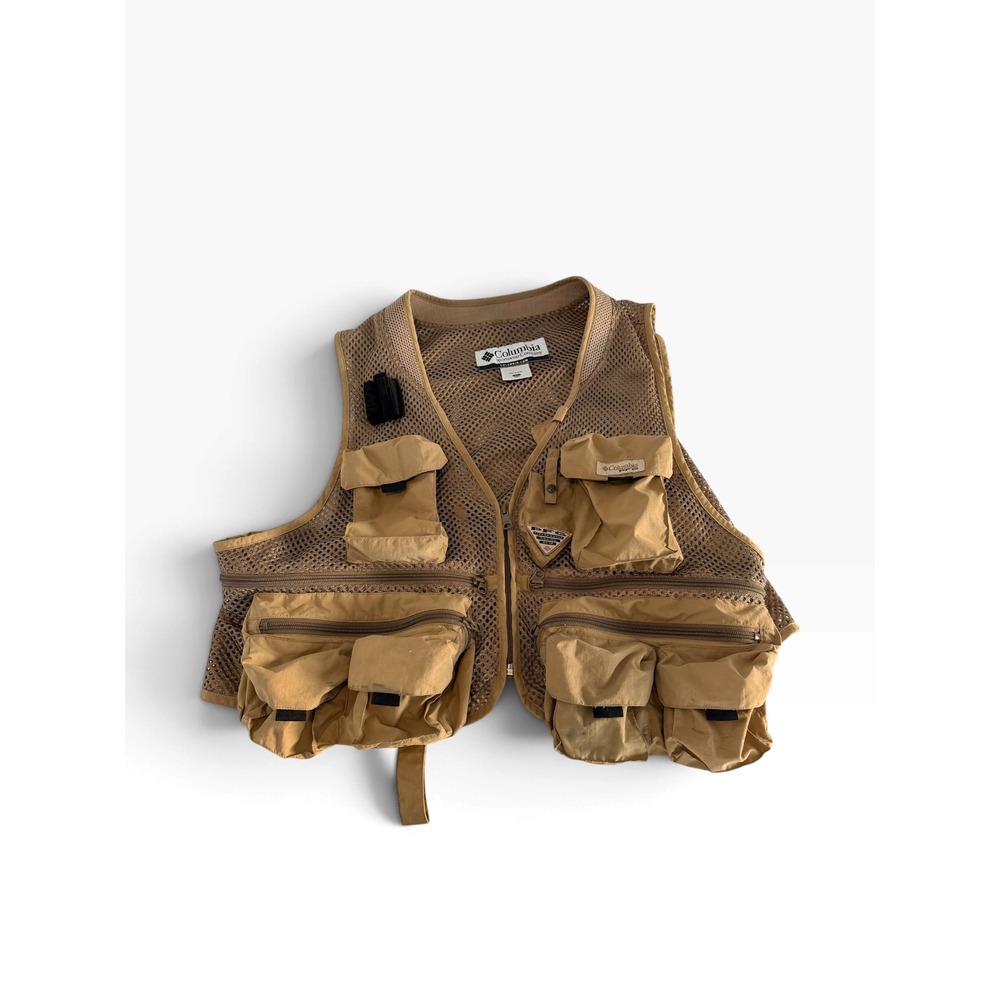 Columbia PFG Mesh Fishing Vest XL Tan Khaki Utility Multi Pocket Fly Fishing